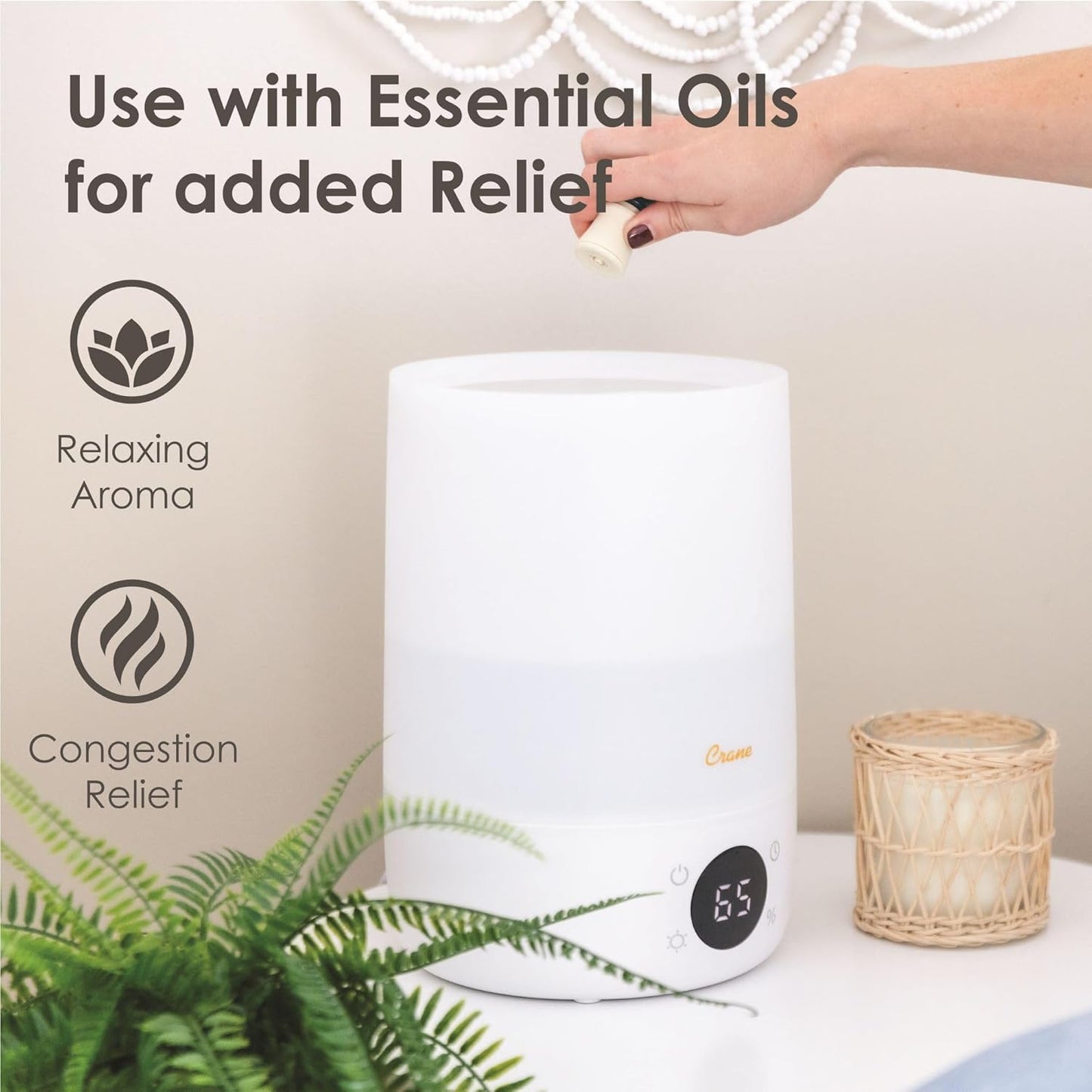 Crane Top Fill Mini Humidifier for Bedroom and Nursery 3-In-1 Essential Oil Diffuser Sleep Light 0.5 Gallon Baby Humidifier