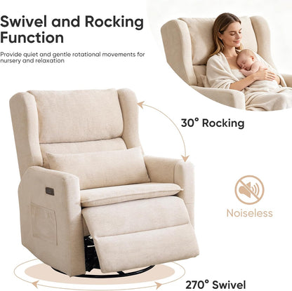 Large Glider Rocker Recliner,Rocking Chair Nursery with Adjustable Headrest,Swivel Rocker Recliner with Lumbar Support,Manual Nursery Rocker Recliner for Living Room& Bedroom,Chenille White