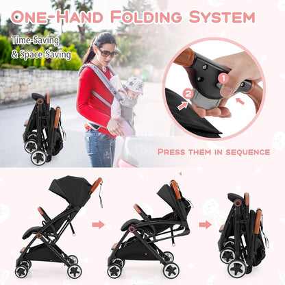 HONEY JOY Travel Stroller, One-Hand Quick Fold Lightweight Umbrella Stroller for Airplane, Wrist Wrap & Net, Multi-Position Recline, Overhead Friendly Compact Stroller for Newborn and Toddler(Gray)