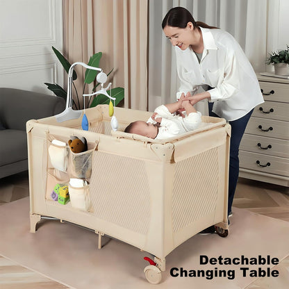Pack and Play with Changing Table & Carry Bag, 4-in-1 Portable Crib Playpen for Newborn to Toddler, ASTM Certified Foldable Travel Crib with Bassinet(A-Black)