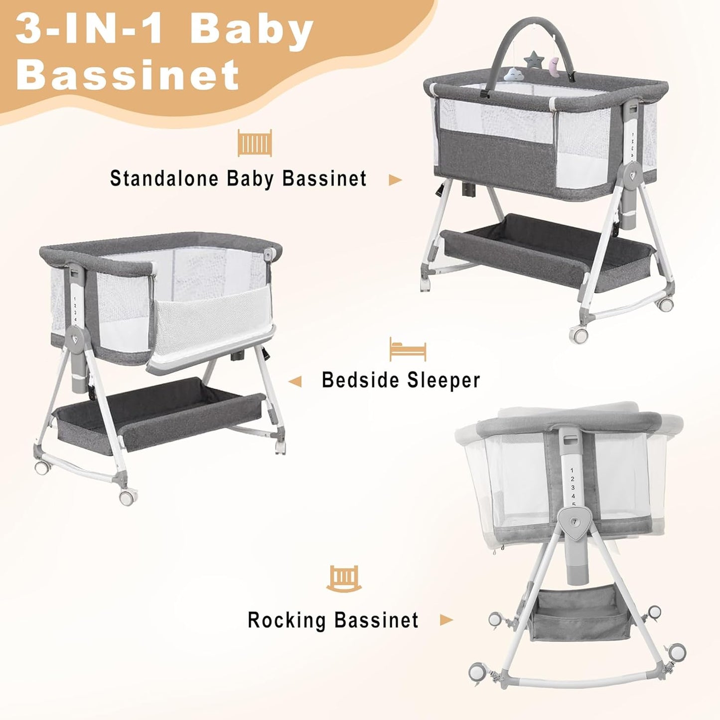 Baby Bassinet,3 in 1 Bedside Bassinet for Baby with Hanging Toys,Foldable Baby Bassinets Bedside Sleeper,4-Sided Mesh Bedside Crib with Wheels and Storage Basket,6 Height Adjustable (Light Grey)
