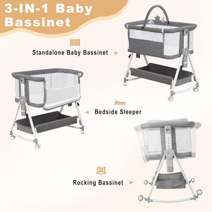 Baby Bassinet,3 in 1 Bedside Bassinet for Baby with Hanging Toys,Foldable Baby Bassinets Bedside Sleeper,4-Sided Mesh Bedside Crib with Wheels and Storage Basket,6 Height Adjustable (Light Grey)