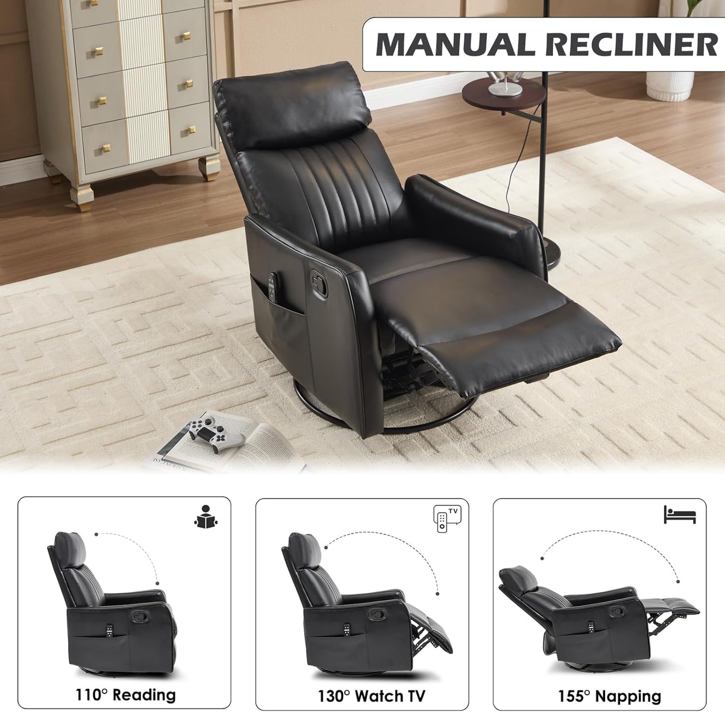 Trustyue Swivel Rocker Recliner Chair, 360° Swivel Recliner with Heat and Massage, Rocker Recliner Nursery Glider Chair with Side Pockets for Living Room (Beige, Fabric)
