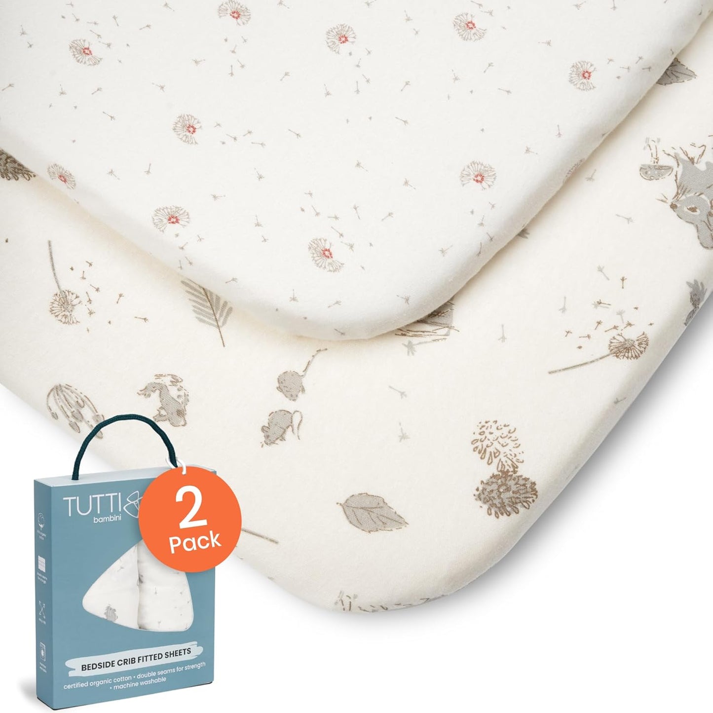Tutti Bambini Premium Bassinet Sheets (2 Pack) - Soft & Breathable Bamboo Jersey, Double-Strength Bedside Sleeper Sheets, Fits Mattresses from 20.8 x 31.5 in to 23.6 x 35.4 in (Our Planet)