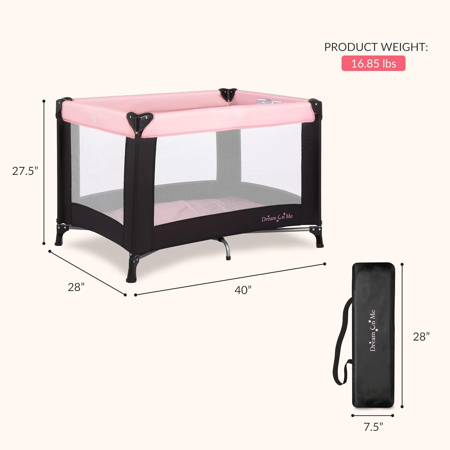 Dream On Me Nest Portable Playard in Black with Carrybag an Shoulder Strap, Lightweight, Packable and Easy Setup Baby Playard, Breathable Mesh Sides and Soft Fabric - Comes with a Removable Padded Mat