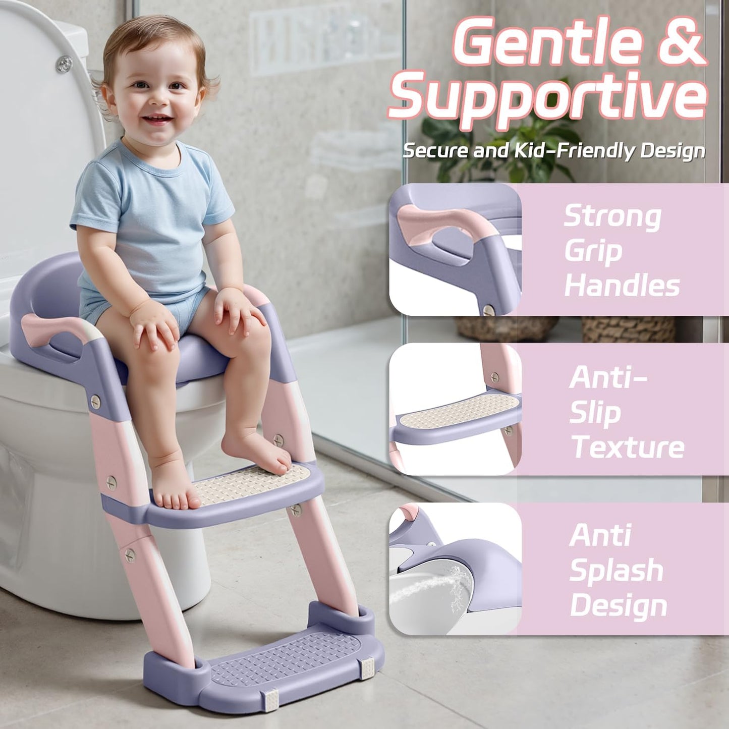 Snugzy Toddler Potty Training Seat 3-in-1 Foldable Potty Training Toilet with Step Stool Adjustable Potty Chair with Urinals (Grey)