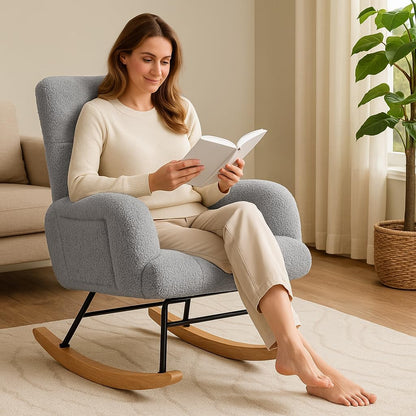 COMHOMA Nursery Rocking Chair with Ottoman,Teddy Glider Rocking Chair,Accent Chair with High Backrest Reading Chair for Adult,Nursery,Bedroom,Living Room,Offices(Beige with Ottoman)