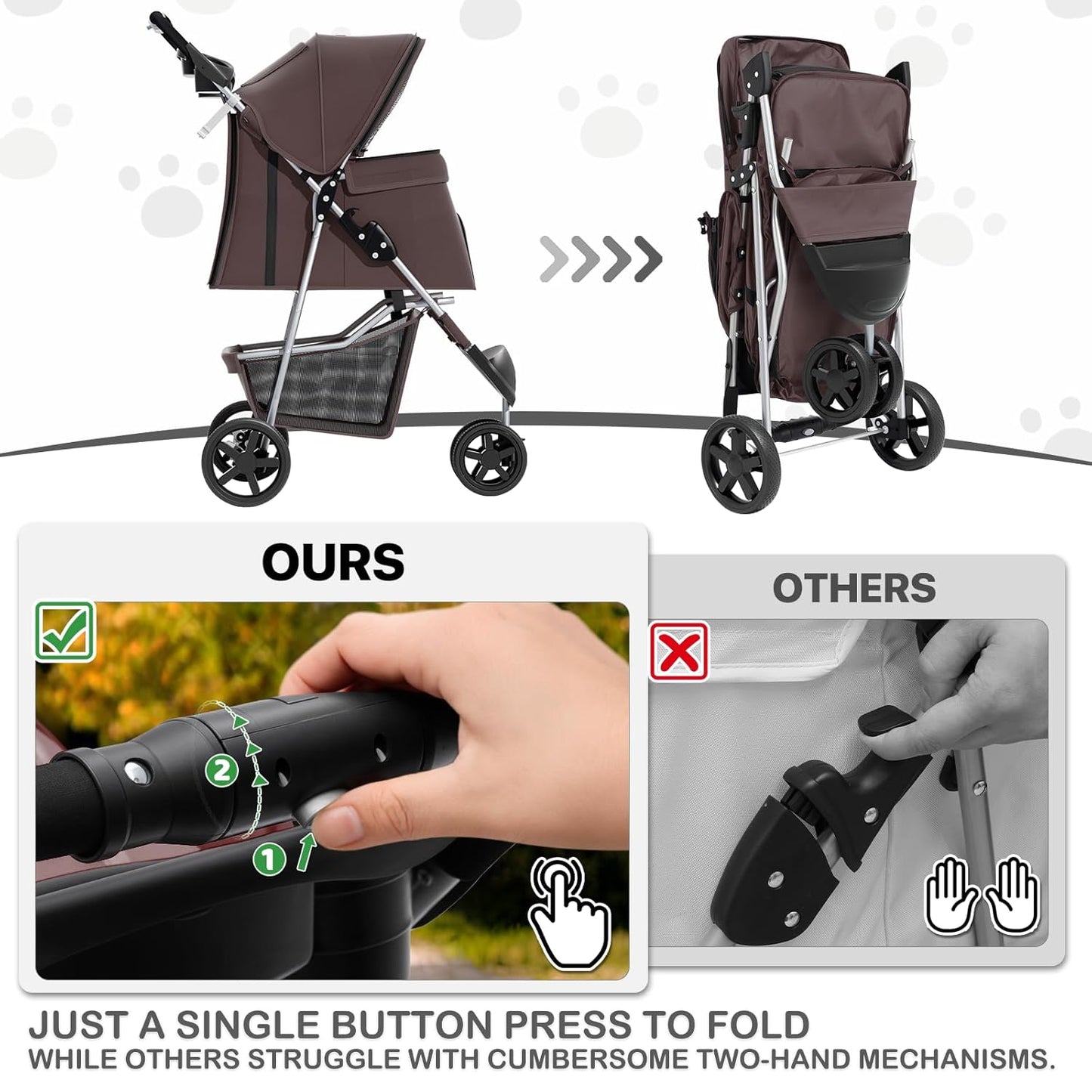 MoNiBloom Foldable Pet Stroller with Weather Cover, 3 Wheels Pet Strolling Cart for Small/Medium Dogs and Cats with Storage Basket and Cup Holder, Breathable and Visible Mesh for All-Season, Black