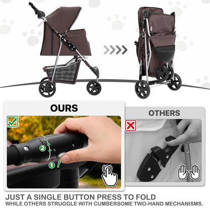 MoNiBloom Foldable Pet Stroller with Weather Cover, 3 Wheels Pet Strolling Cart for Small/Medium Dogs and Cats with Storage Basket and Cup Holder, Breathable and Visible Mesh for All-Season, Black
