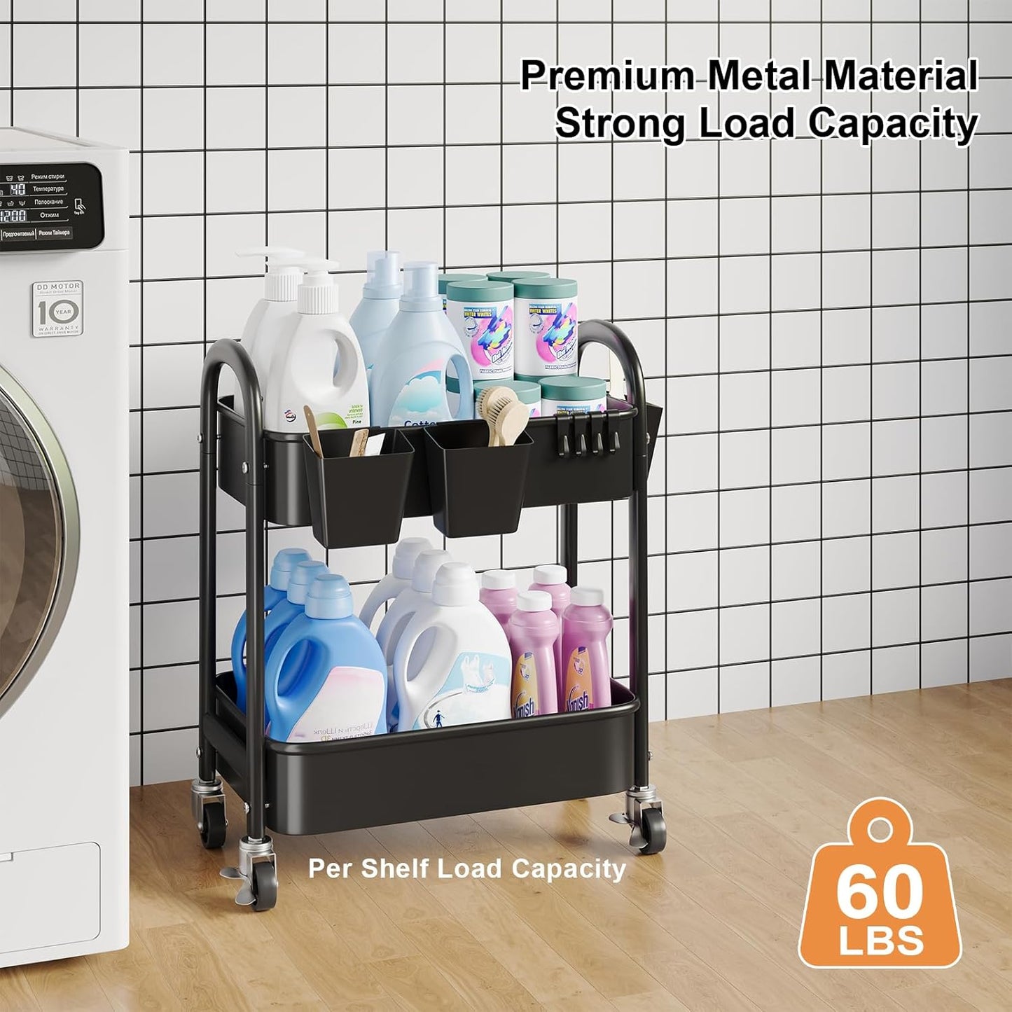 3 Tier Heavy Duty White Metal Rolling Cart with Lockable Wheels, Three Tier Roller Book Snack Cart, Utility Storage Organizer Carts for Kitchen, Bathroom, Garage, Baby Diaper, Craft, Art, Teacher