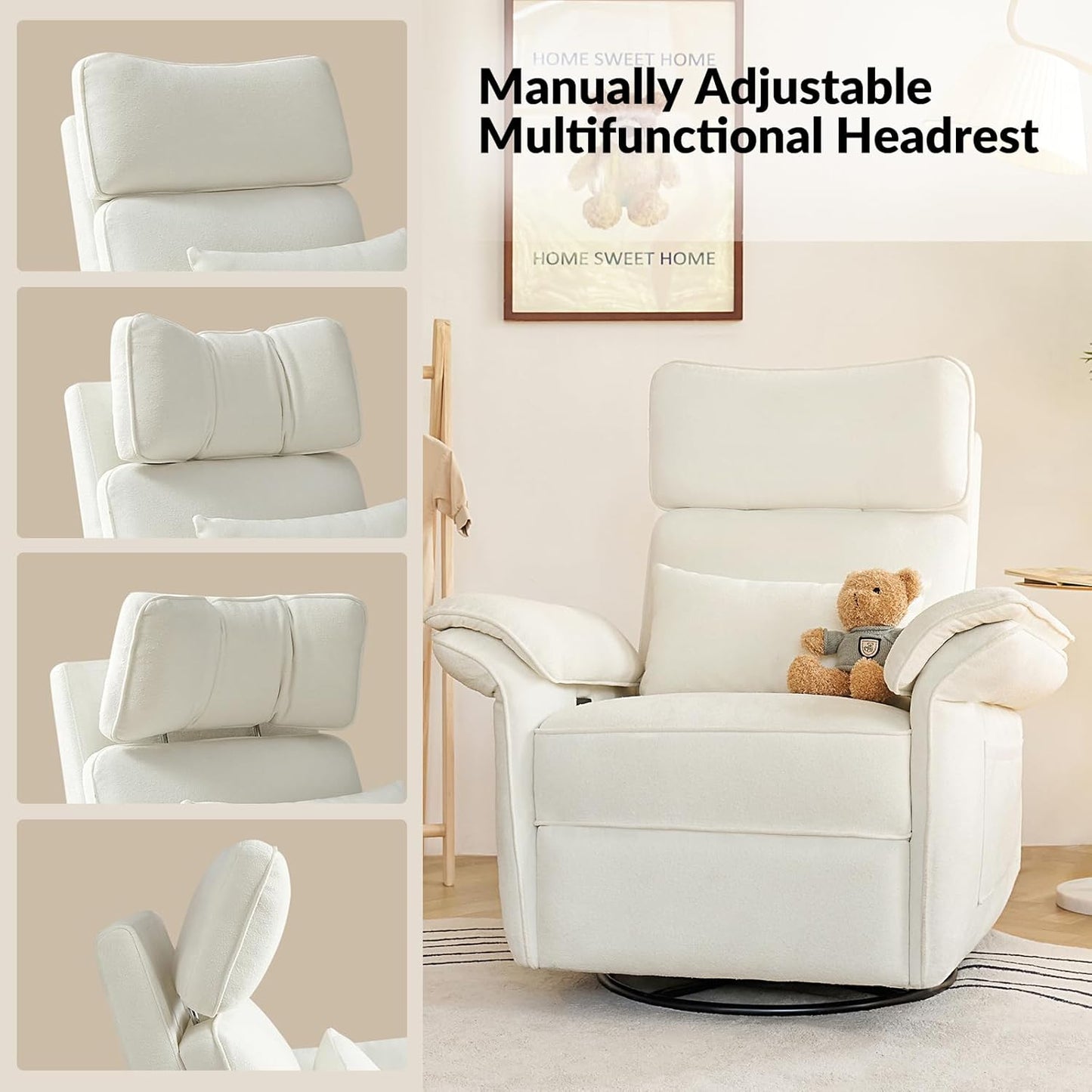 HULALA HOME Nursery Glider Recliner with Adjustable Headrest and Armrests, Power Swivel Rocker Recliner Chair with USB Port and Storage Bags, GREENGARD, FSC, CertiPUR-US® Certified, Beige