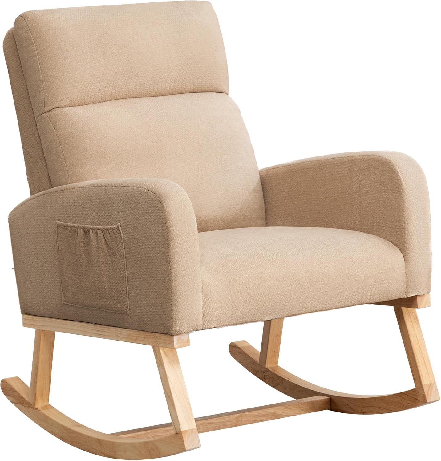 Rocking Chair Nursery, Upholstered Nursing Rocker Chair for Mom with High Backrest and Side Pockets for Bedroom Living Room, Beige