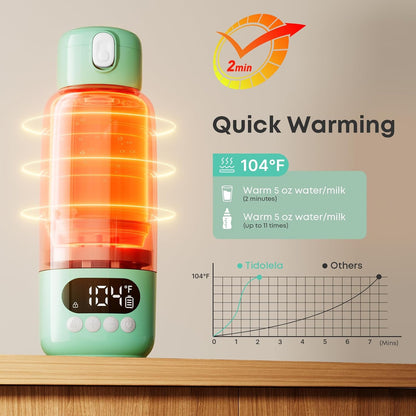 Portable Bottle Warmer for Travel, Fast Heating in 2 Mins, Dual Heating for Breastmilk & Water, Long Battery Life, 6 Temp Settings with Keep Warm, Built-in Sterilizer, 17oz (Green)