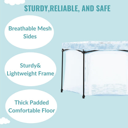 Dream On Me Onyx Baby Playpen, Zipper Access Door, Breathable Mesh Sides, Soft Comfortable Mattress Padded Floor, Easy Fold Design with Travel Carry Bag, Compact Easy to Fold Design - Sky Blue