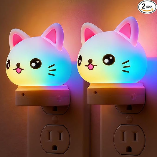 L LOHAS LED Plug in Night Light for Kids,2-Pack 3D Cute Cat Night Lights with Dusk to Dawn Sensor, RGB+Soft White 3000K Cat Night Light,Christmas Birthday Gift Nightlight for Kids,Room Decor