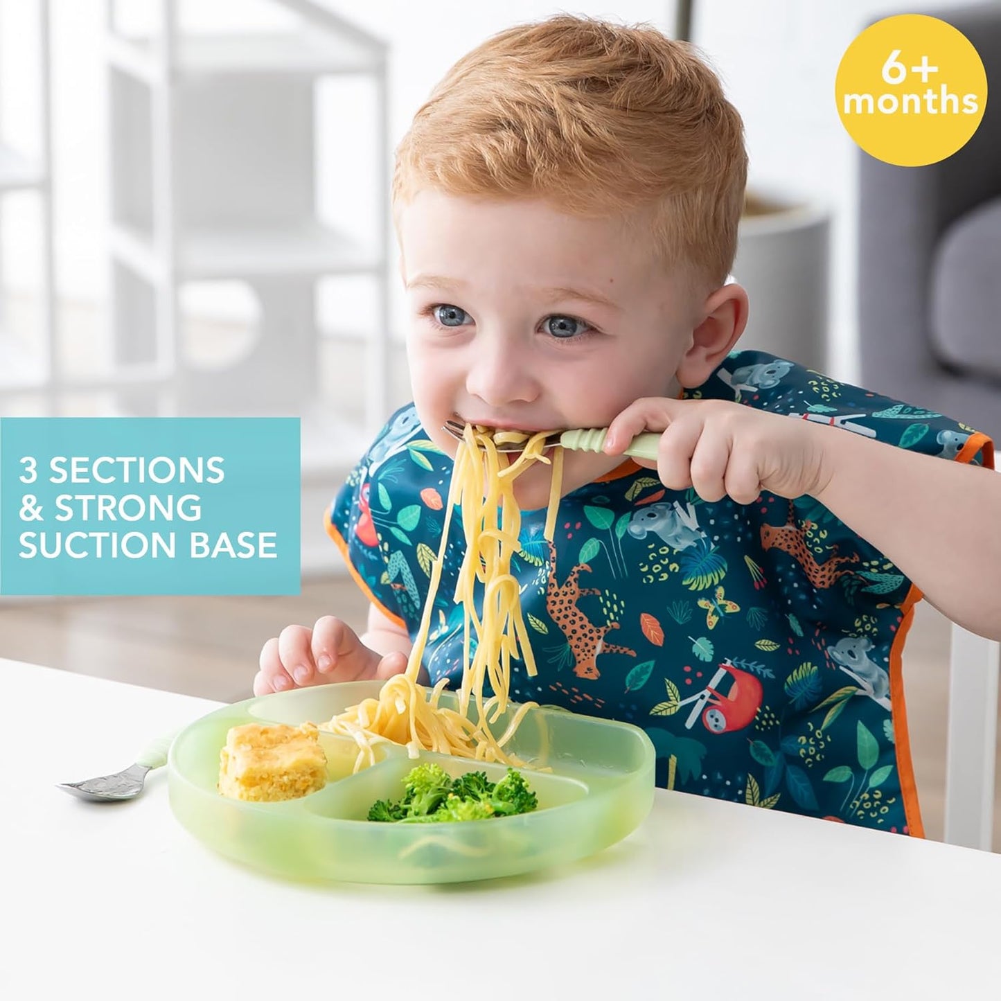 Bumkins Toddler and Baby Suction Plate, Divided Grip Dish for Babies and Kids, Baby Led Weaning, Feeding Supplies, Sticks to Tables and Highchairs, Platinum Silicone, for Chidren 6 Months, Gray