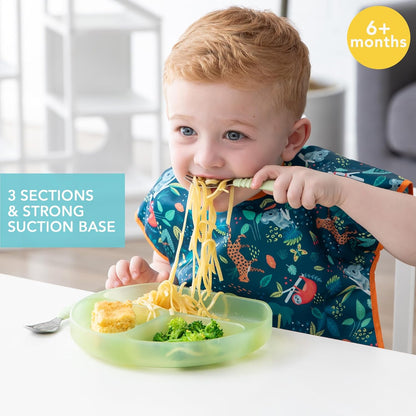 Bumkins Toddler and Baby Suction Plate, Divided Grip Dish for Babies and Kids, Baby Led Weaning, Feeding Supplies, Sticks to Tables and Highchairs, Platinum Silicone, for Chidren 6 Months, Gray