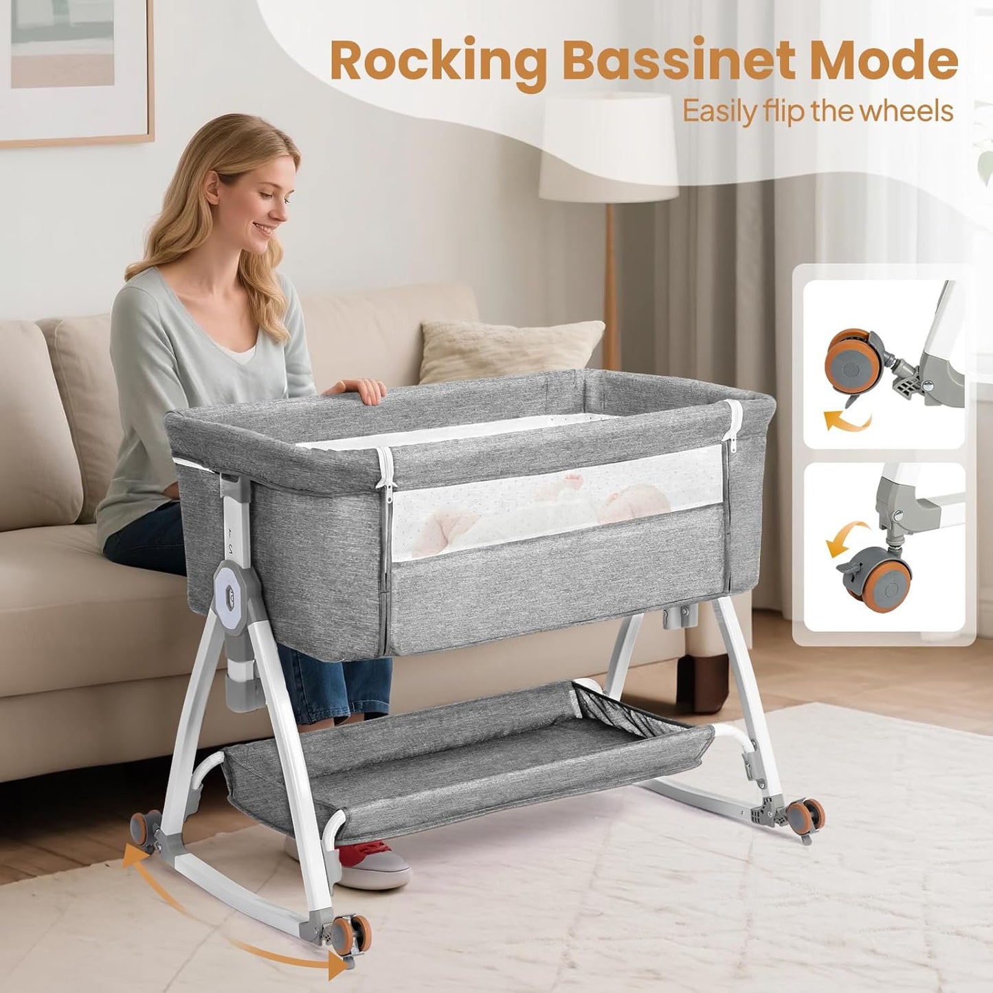 JOYMOR 3 in 1 Baby Bassinet, Bedside Bassinet for Baby, with Comfy Mattress and Wheels, 6 Height Adjustable Easy Folding Portable Bedside Crib for Newborn (Black)