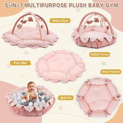 5-in-1 Baby Activity Gym & Play Mat with 6 Hanging Toys, Tummy Time Mat & Cards - Extra Large, Reversible Machine Washable Pad - Gift for Newborns, Infants 0-12 Months, Pink