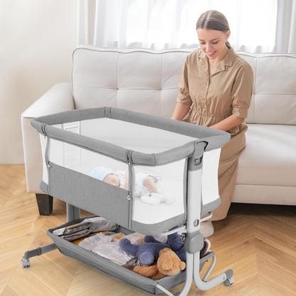 INFANS 3 in 1 Baby Bassinet, Bedside Sleeper with Comfy Mattress, Wheels, 6 Height Adjustable, Storage Basket, Travel Bag, Portable All Mesh Crib for Newborn Infant (Dark Grey)