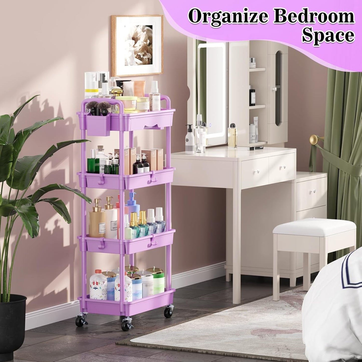 SUNALLY 3 Tier Rolling Cart with Drawer, Bathroom Storage Organizer with 2 Lockable Wheels, Multifunctional Rolling Storage Cart for Bathroom, Kitchen, Office, Craft, Makeup, Baby Essentials, White