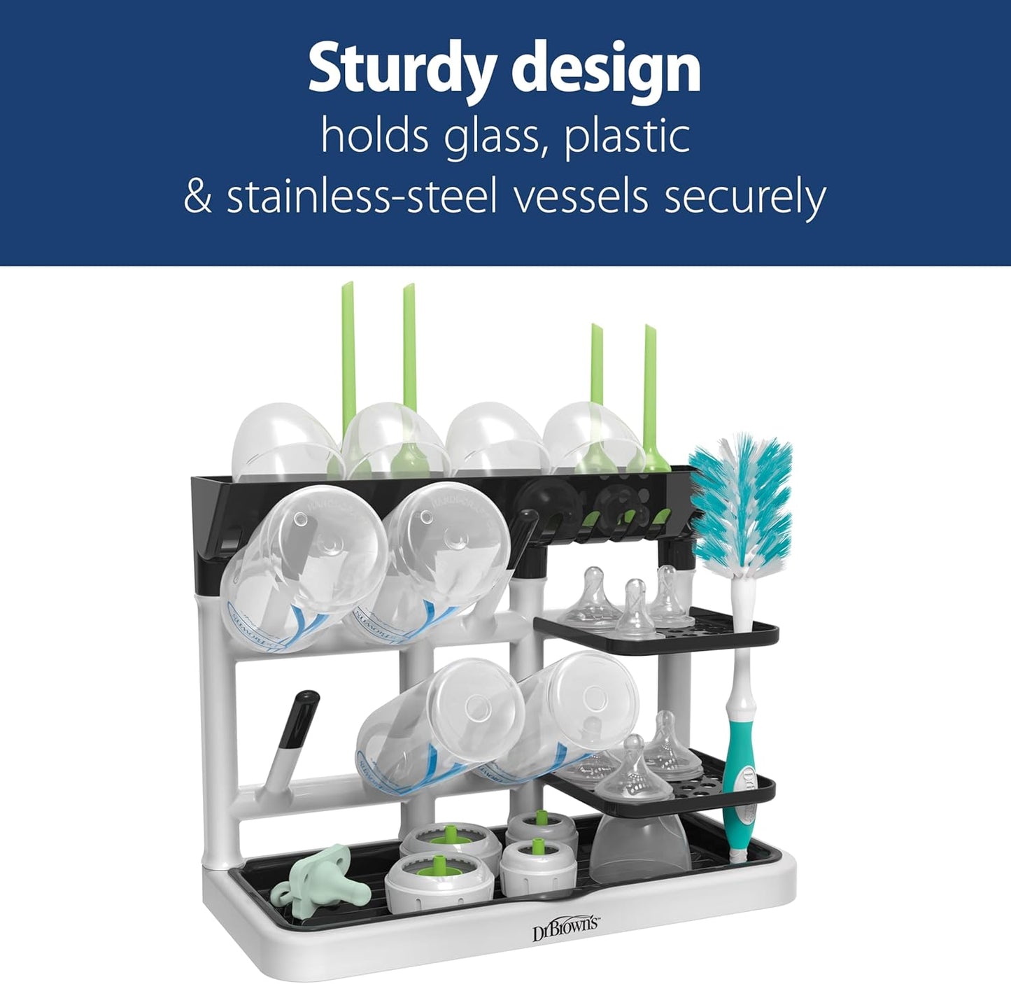 Dr. Brown's Baby Bottle Drying Tower, Stand-Up Countertop Drying Rack with Organized Storage for Baby Essentials, Space Saving Vertical Rack, Gray/White
