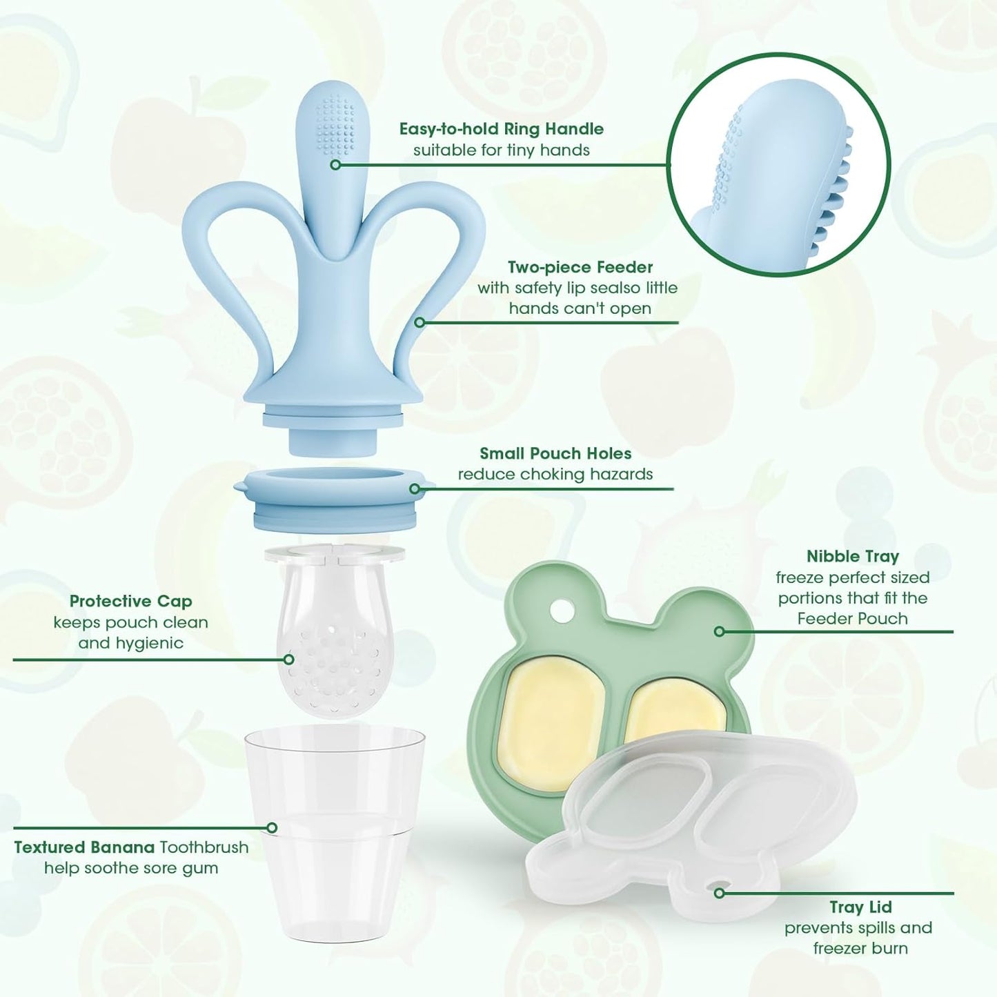 JEXFUN Baby Fruit Feeder & Breastmilk Popsicle Mold Set, Silicone Food Feeder Pacifier for Cooling Relief with 3 Replaceable Pouches, BPA-Free Teething Toy for Safe Infant Self Feeding (Pea Green)