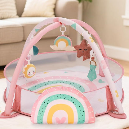 7-in-1 XL Large Baby Play Gym Mat, Tummy Time Mat, Baby Gym & Ball Pit, Baby Activity Mat with Milestone Cards & 6 Detachable Toys for Sensory Motor Skill, Rainbow