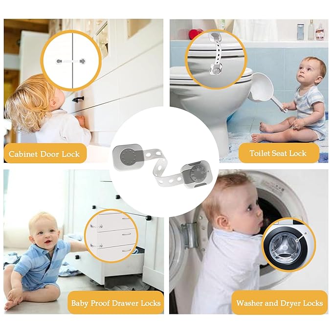 Fursafe&Q Child Safety Cabinet Proofing, Baby Cabinet Locks Adhesive Adjustable Child Safety Strap Locks Drawer Fridge Ovens Toilet Latches No Screws for Furniture Kitchen White 6Pack