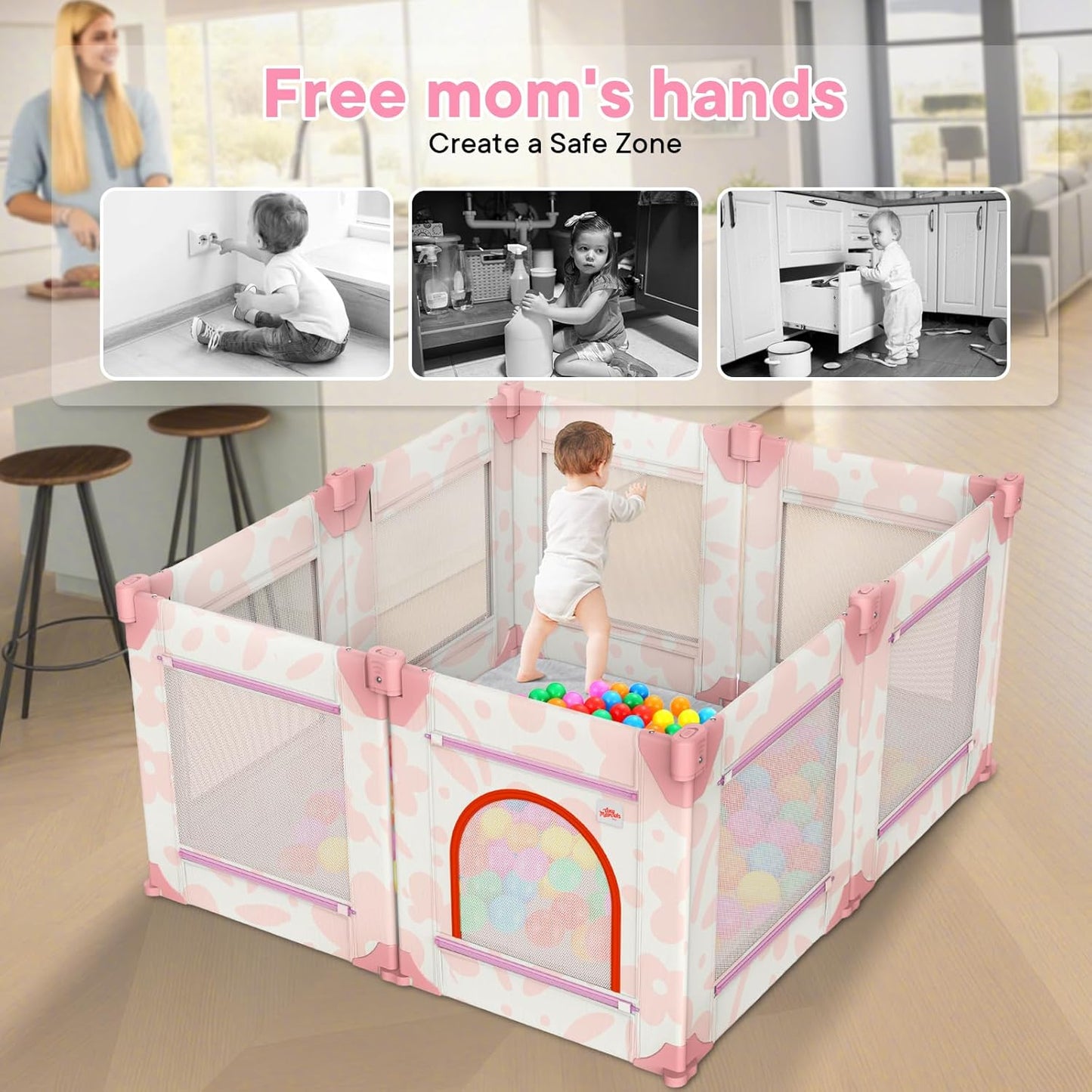 Baby Playpen for Babies and Toddlers, Upgraded 50x50 Inch Foldable No Assembly Required Play Yard with Breathable Mesh, Safe Playard with Gate, Indoor & Outdoor Infants Play Pen (1pc-Sand Checks)