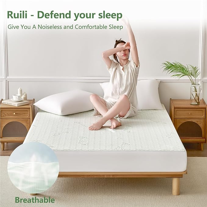 King Waterproof Mattress Protector Washable Mattress Padded Cover Rayon Bamboo Fitted King Size Bed Protection Noiseless Plastic Bed Pad Deep Pocket Up 18“ Soft&Breathable
