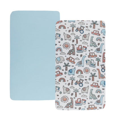 Bassinet Sheet Set 2 Pack Snug Fitted Bedside Sleeper Bassinet Sheets, Stretchy Ultra Soft, Unisex Boy Girl, Light Blue & Dinosaur