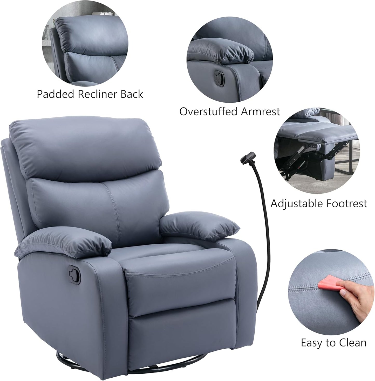 Oversized Swivel Rocking Chair, Manual Large Rocker Recliner Chairs for Adults, Corduroy Nursery Glider Barrel Chair with 2 Pillows, Wide Recliner for Living Room, Bedroom, Nursery, White