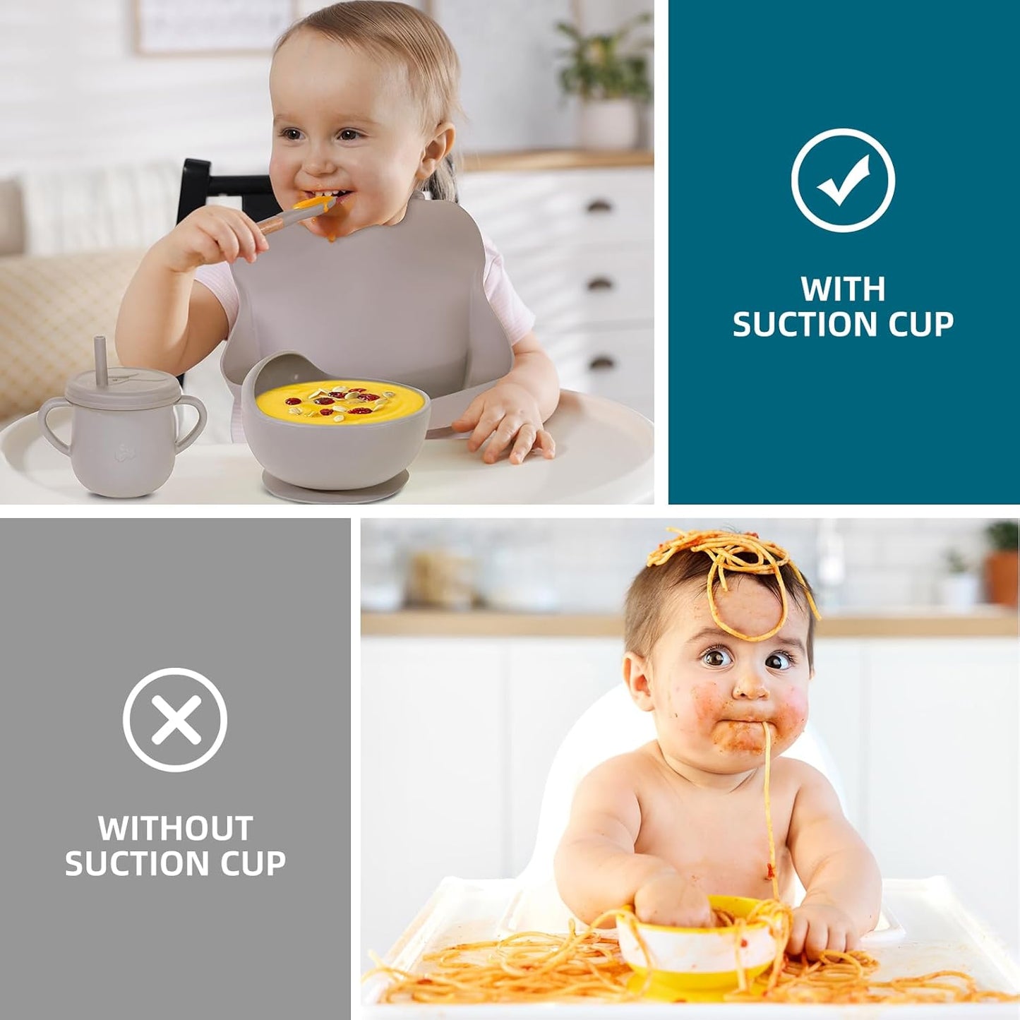 100% Silicone Baby Feeding Set, BPA Free Baby Dishes with Suction Bowl, Divided Plate, Toddler Self Feeding Dish Set with Spoons, Forks, Sippy Cup and Bib, Baby Eating Utensils (Navy Blue)