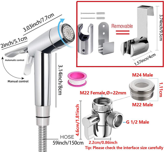 Handheld Bidet Sprayer Toilet Bathroom Douche Cloth Washing Diaper Cleaning Shower Head with with 2 Way Shower Diverter, 59in Hose and Hand Shower Holder