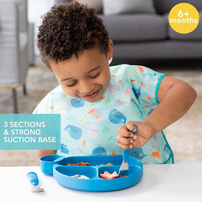 Bumkins Toddler and Baby Suction Plate, Divided Grip Dish for Babies and Kids, Baby Led Weaning, Feeding Supplies, Sticks to Tables and Highchairs, Platinum Silicone, for Chidren 6 Months, Gray
