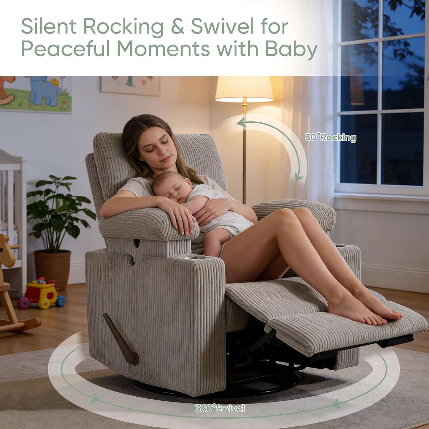 Rocking Chair Nursery with Adjustable Armrest for Breastfeeding, Glider Recliner Nursery Chair with Massage and Heat, Power Swivel Rocker Recliner with Adjustable Headrest, Corduroy, Beige