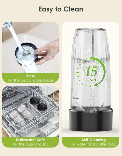 Smoothie Blender, 1100W Personal Blender for Shakes and Smoothies, Blenders and Grinder Combo for Kitchen with 2 * 22 Oz To-Go Cup and Lid for Protein Shake, Baby Food, Frozen Drink