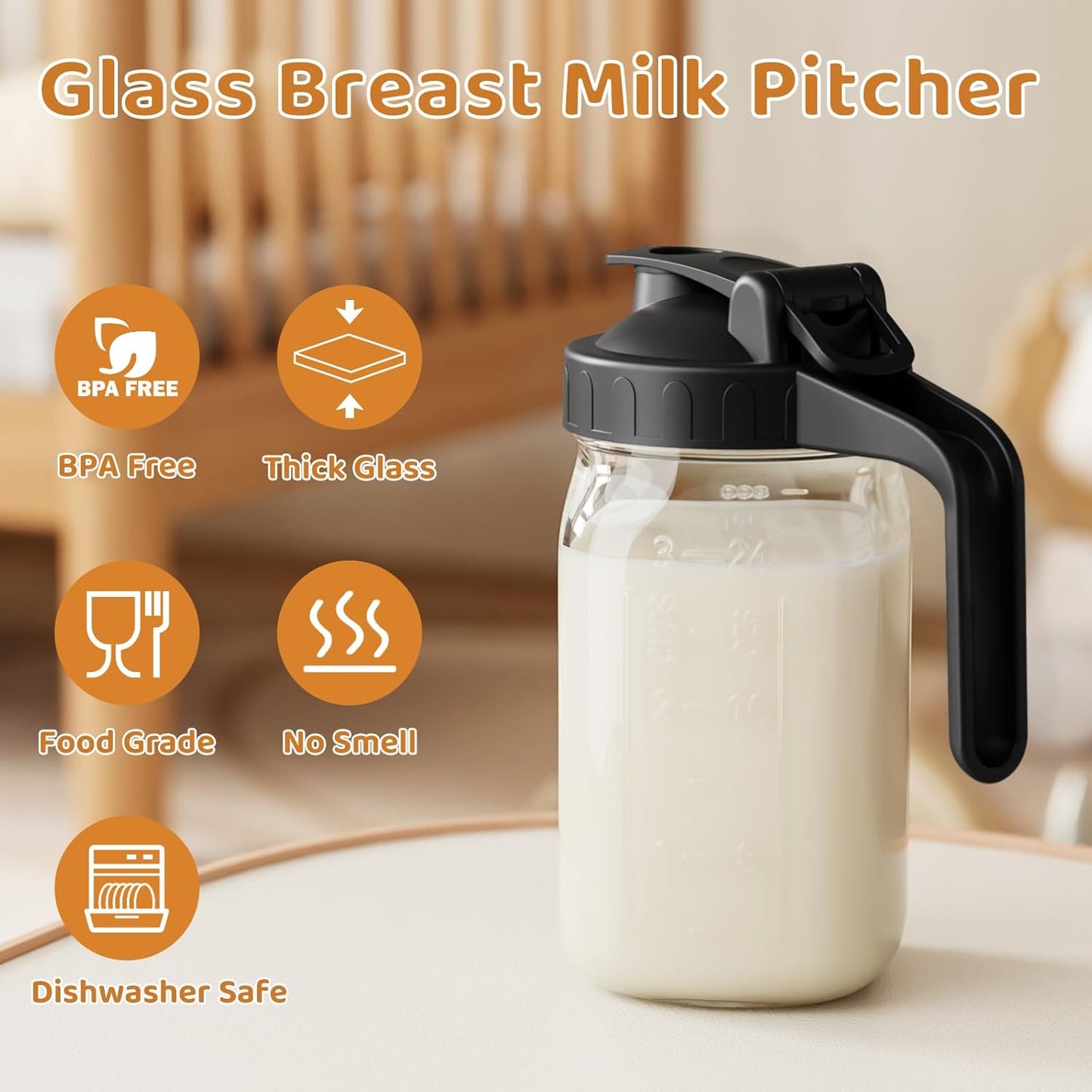 OneDream Breast Milk Pitcher 32oz Glass Pitcher with Lid, Formula Pitcher Leakproof Drip-Free Spout, Wide Mouth Mason Jar Pitcher for Easy Pouring, Dishwasher Safe Breastmilk Storage Pitcher