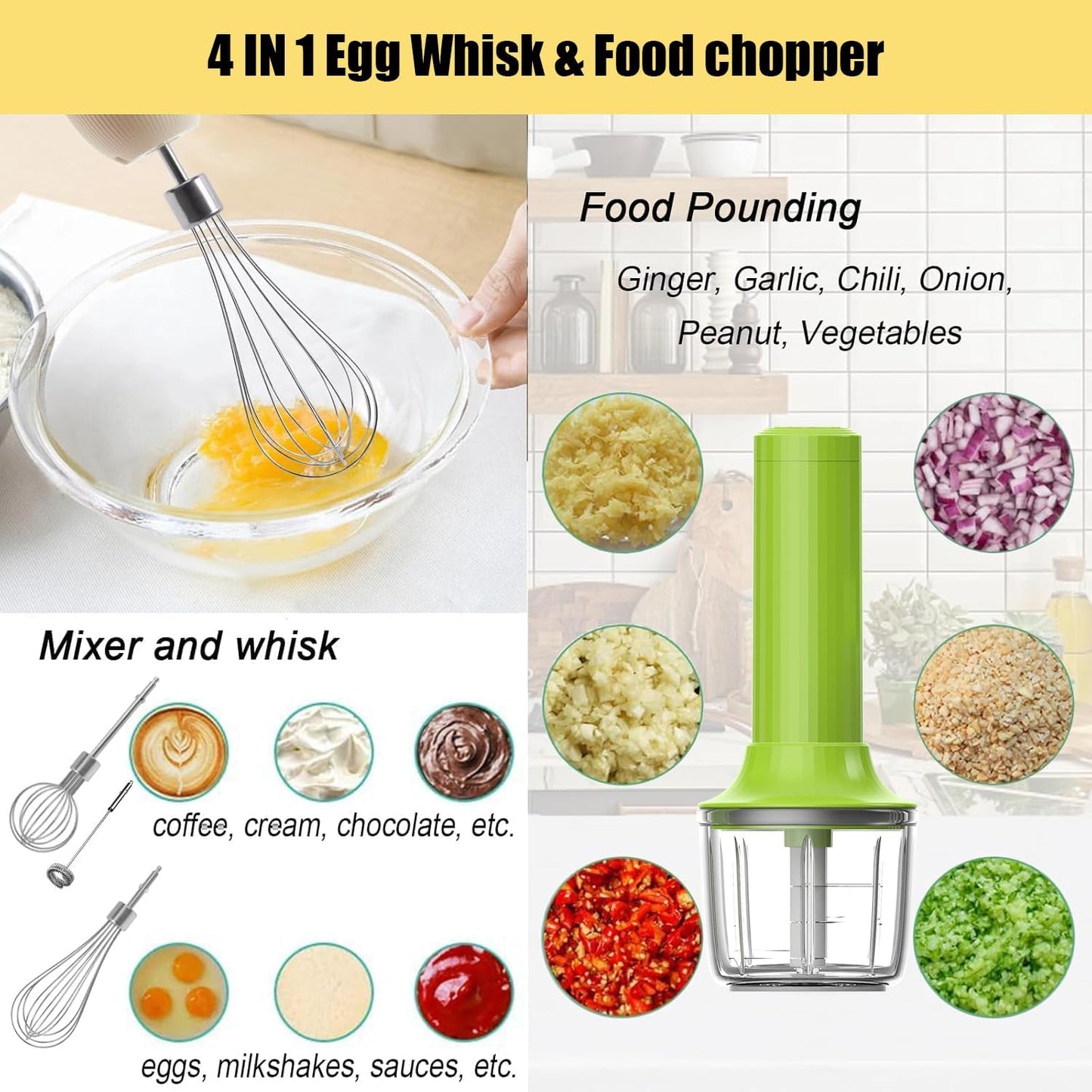 Hand Mixer with Whisk and Forther Wand,Electric Whisk, Milk Frother, Hand Held Mixers,Cordless Hand Mixer, Whisks for Cooking, Mini Mixer,Stirrers Electric,Food Chopper, Baby Food Maker,4-Speed, 10Oz