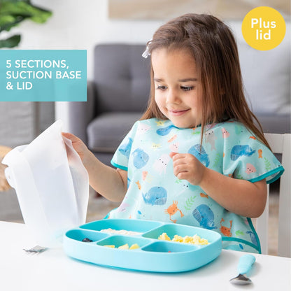 Bumkins Toddler and Baby Suction Plate, Divided Grip Dish for Babies and Kids, Baby Led Weaning, Feeding Supplies, Sticks to Tables and Highchairs, Platinum Silicone, for Chidren 6 Months, Gray