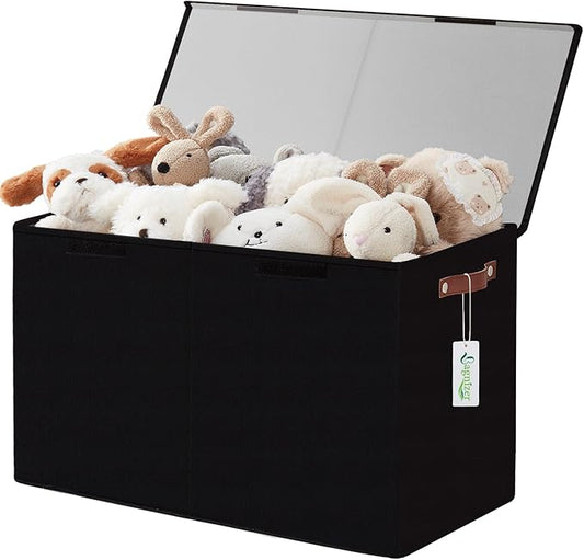 Bagnizer Large Toy Storage Box with Lids, Collapsible Sturdy Baby Storage Organizer Chest Bin Basket for Kids, Boys, Girls, Playroom, Nursery, Bedroom, Closet 25"x13"x16" (Black)
