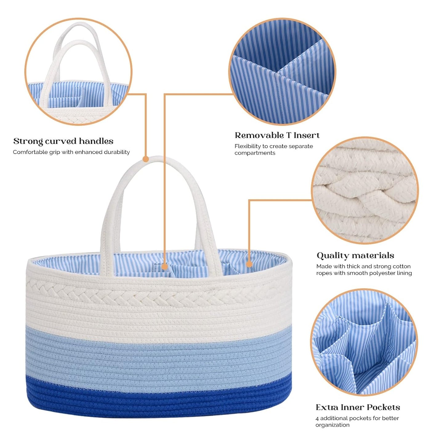 luxury little Diaper Caddy Organizer, Large Cotton Rope Nursery Baby Basket, Changing Table Organizer for Baby Diaper Storage, Portable Car Organizer Removable Divider (Off White, Large)