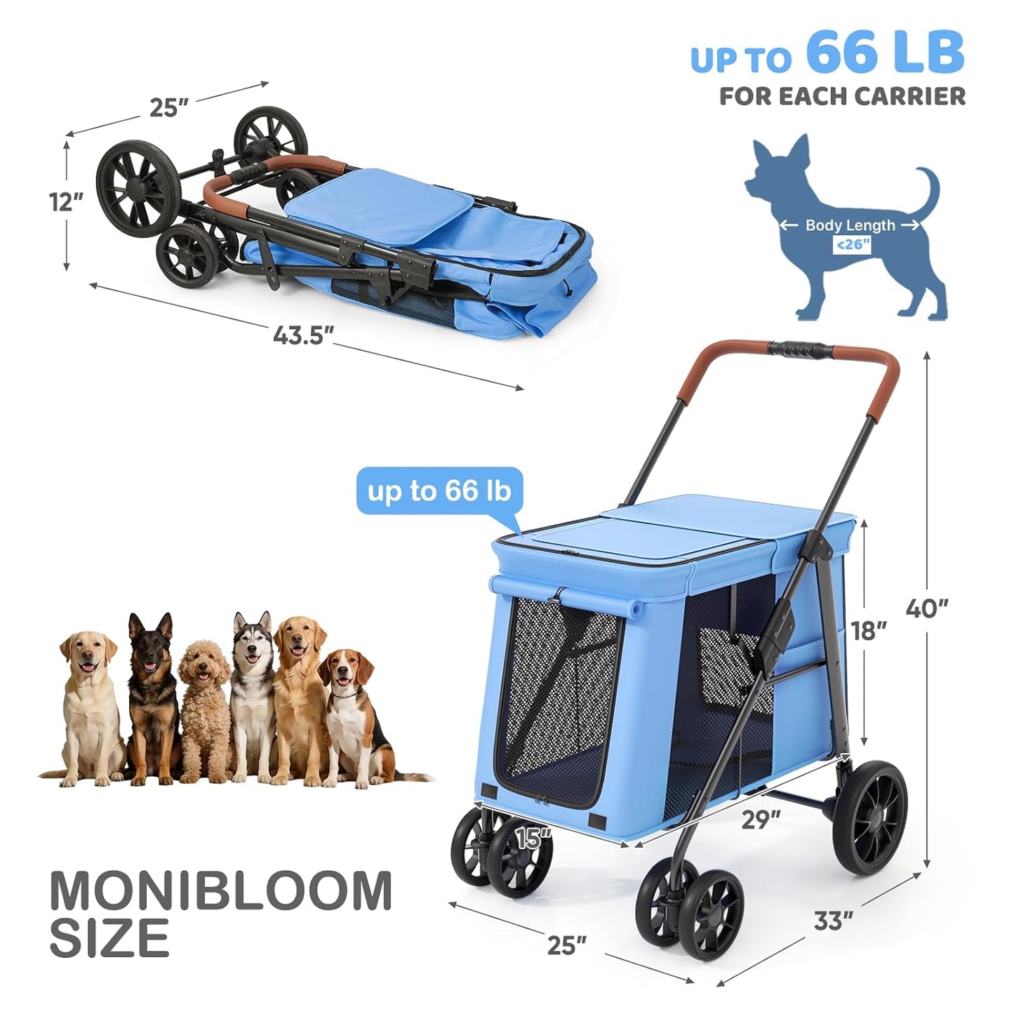 MoNiBloom Large Pet Stroller with Anti-Slip Ramp, Heavy Duty Dog Stroller Up to 99lb, Safe & Gentle Mobility Aid, All-Terrain Wheels, Idea for Injured, Disabled, & Senior Dog