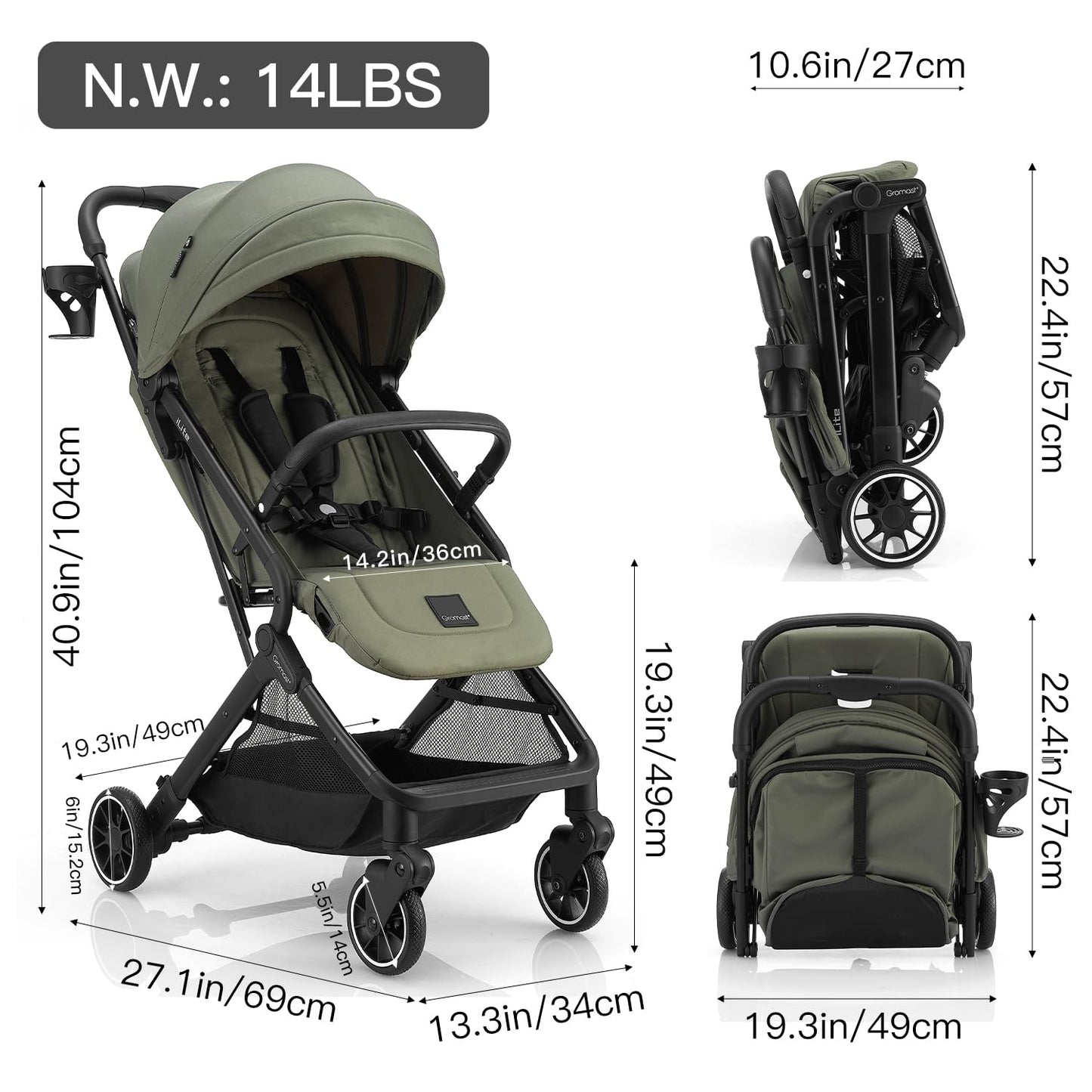 Gromast Compact Fold Baby Stroller, Lightweight Travel Toddler Stroller with One-Click Fold, Extendable UPF50+ Canopy, Cup Holder, UV Protected and Waterproof, One-Hand Folding - Blue