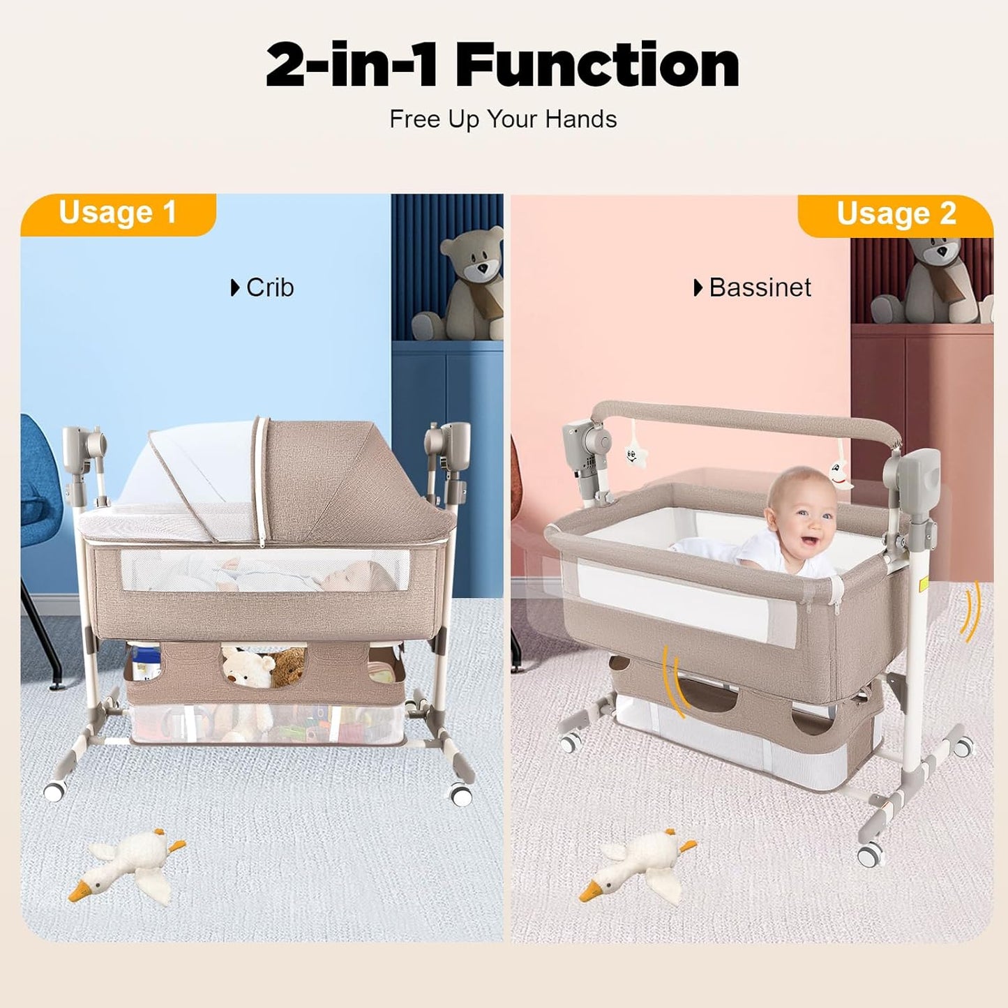 CNCEST Smart Electric Baby Bassinet Bedside Sleeper,Music Play,Automatic Cradle with 3 Speed Timing,5 Speed Wobbling,Portable Baby Bed Height Adjustable Crib,Nets+Mattresses