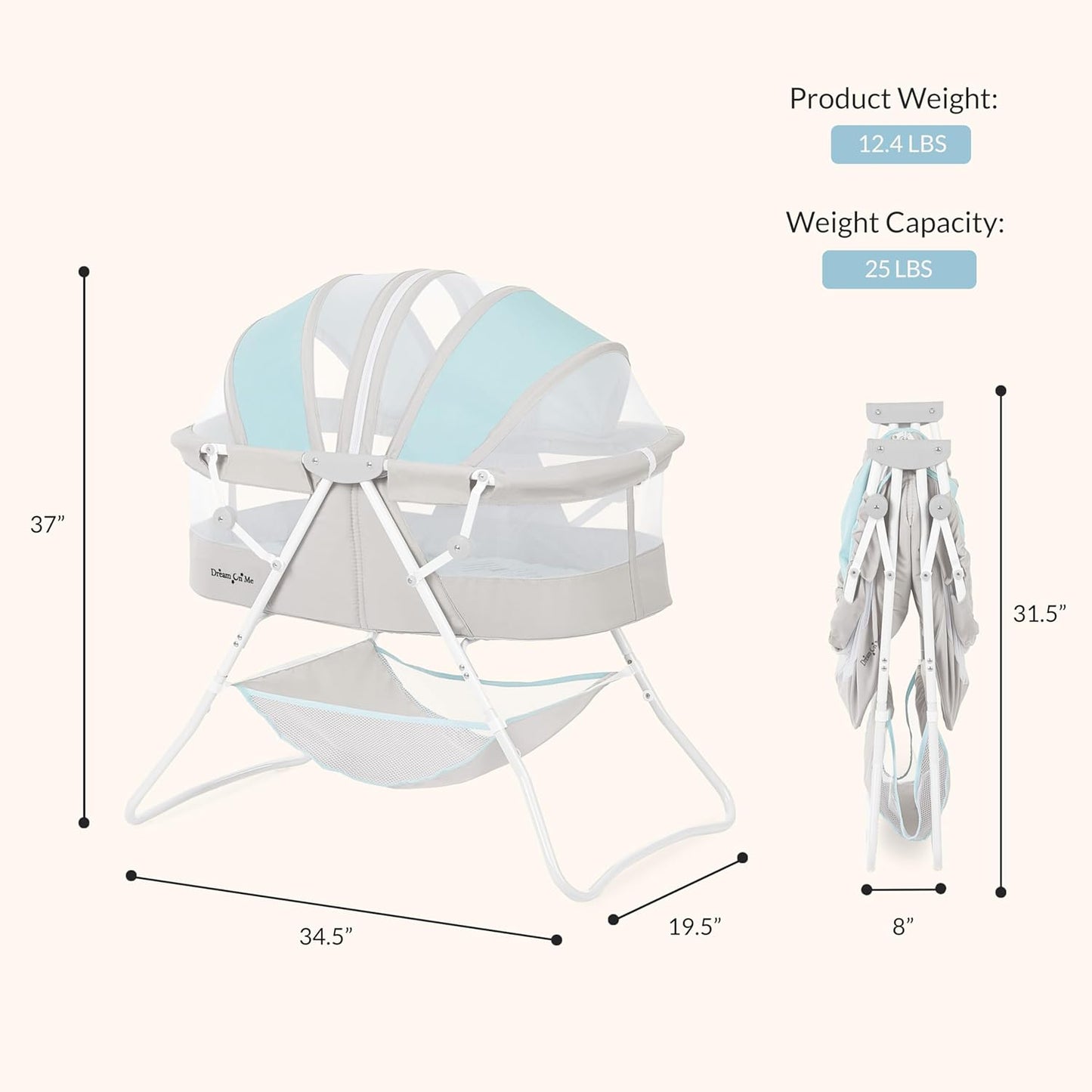 Dream On Me Karley Bassinet, Award Winner Lightweight Travel Baby Bassinet, Foldable Bedside Sleeper, Adjustable Double Canopy, Spacious Design, Soft Fabric, Storage Basket – Blue and Grey