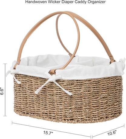 Handwoven Wicker Diaper Caddy Organizer, Multi - functional Baby Diaper Bag for Nursery & Home Storage, Detachable Lining, PU Handles, Baby Registry Must Haves (Wicker)