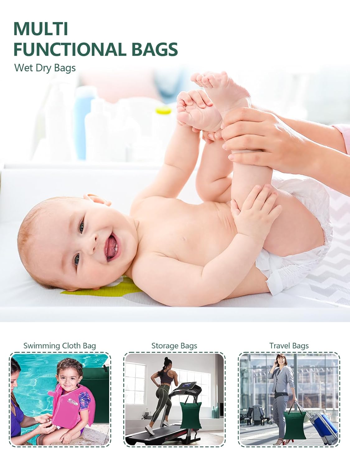 ALVABABY 2 Pack Large Wet Dry Bag Waterproof Hanging Cloth Diaper with Double Zippered Pockets 25x18 inches (Feather & Stripe)