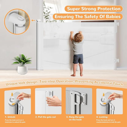 71" Wide Retractable Baby Gate for Stairs and Doorways - 34" Tall Mesh Safety Gate with Anti-Crawl Hook, Adjustable Baseboard Bracket, Pet Gate for Hallways, Kitchen, Indoor Outdoor, White